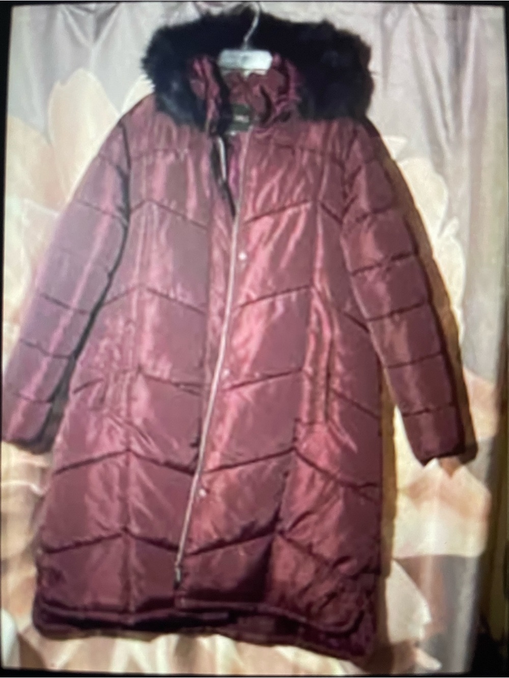 Big Chill Women's Long Quilted Puffer Coat with Faux Fur Trim - Burgundy NWOTS